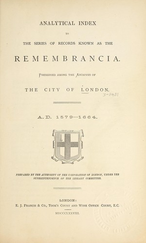 Cover for Analytical index, to the series of records known as the Remembrancia.