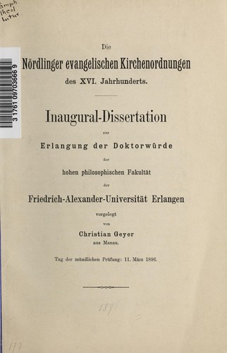 Cover for Die Nordlinger evangelischen Kirchenordnungen des XVI. Jahrhunderts