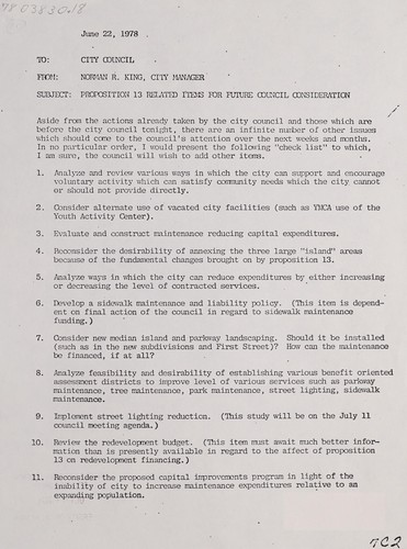 Cover for Proposition 13 related items for future council consideration