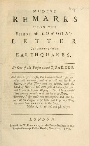 Cover for Modest remarks upon the Bishop of London's letter concerning the late earthquakes