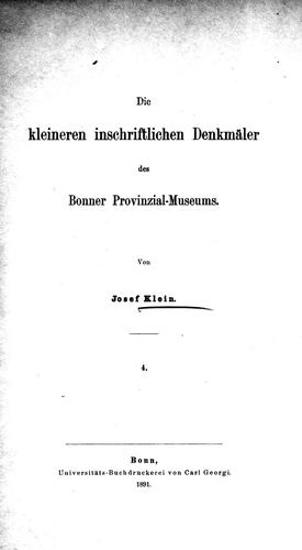 Cover for Die kleineren inschriftlichen Denkmäler des Bonner Provinzial-Museums