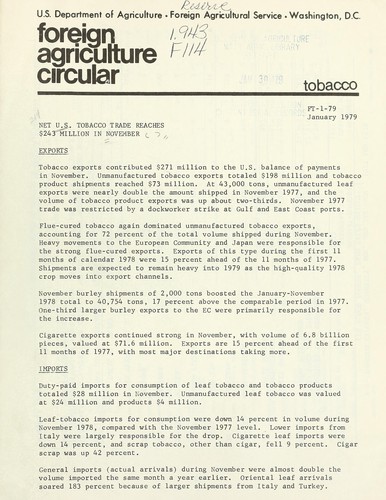 Cover for World tobacco supply and distribution, 1959-77