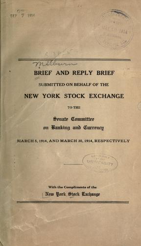 Cover for Brief and reply brief submitted on behalf of the New York Stock Exchange to the Senate Committee on Banking and Currency