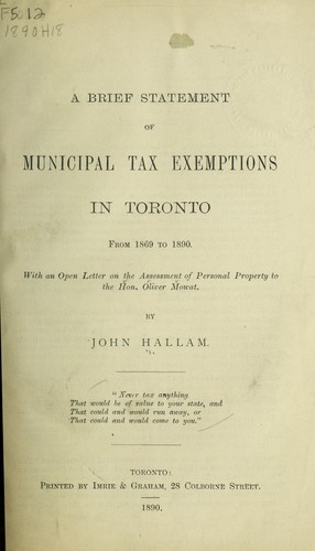 Cover for A brief statement of municipal tax exemptions in Toronto, from 1869 to 1890
