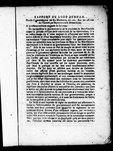 Cover for Rapport de Lord Durham, haut-commissaire de Sa Majesté, etc., etc., sur les affaires de l'Amérique septentrionale britannique