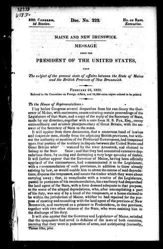 Cover for Message from the president of the United States, upon the subject of the present state of affairs between the state of Maine and the British province of New Brunswick