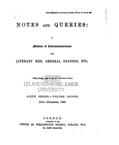 Cover for Notes and Queries: A Medium of Intercommunication for Literary Men, General Readers, Etc