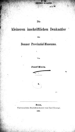 Cover for Die kleineren inschriftlichen Denkmäler des Bonner Provinzial-Museums.