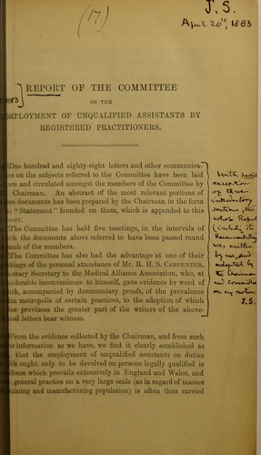 Cover for Report of the committee on the employment of unqualified assistants by registered practitioners