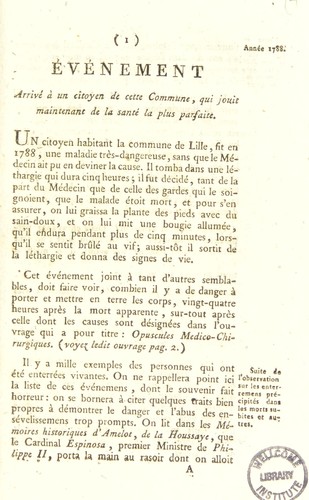 Cover for ©v©♭nement arriv©♭ ©  un citoyen de cette commune, qui jouit maintenant de la sant©♭ la plus parfaite. Ann©♭e 1788