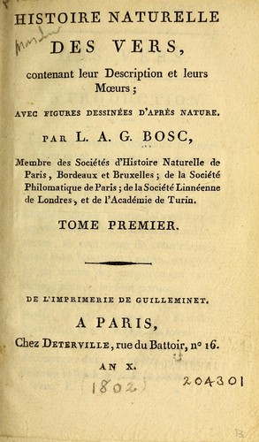 Cover for Histoire naturelle des vers