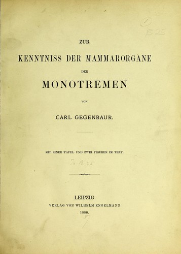 Cover for Zur Kenntniss der Mammarorgane der Monotremen