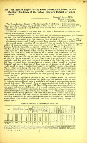 Cover for Mr John Spear's report to the local government board on the sanitary condition of the urban sanitary district of Quickmire