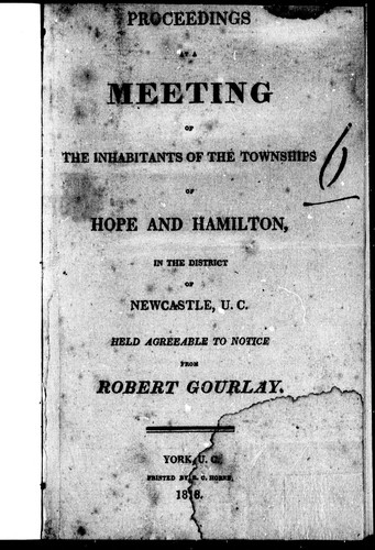Cover for Proceedings at a meeting of the inhabitants of the townships of Hope and Hamilton, in the district of Newcastle, U.C.