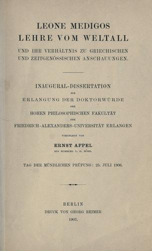 Cover for Leone Medigos Lehre vom Weltall und ihr Verh©·altnis zu griechischen und zeitgen©·ossischen Anschauunge
