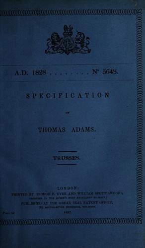 Cover for Specification of Thomas Adams
