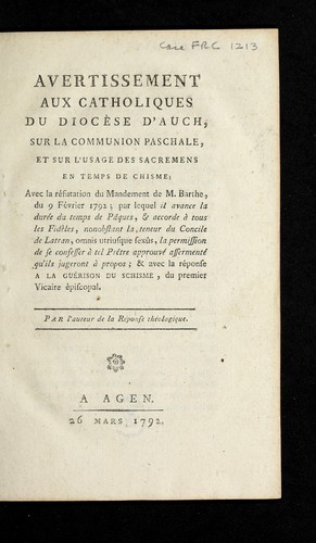 Cover for Avertissement aux Catholiques du dioce  se d'Auch