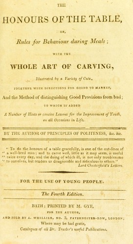 Cover for The honours of the table, or, Rules for behaviour during meals