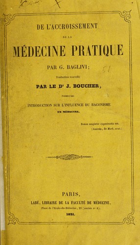 Cover for De l'accroissement de la m©♭decine pratique