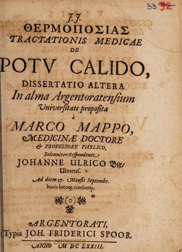 Cover for Thermoposias tractationis medicae de potu calido, dissertatio altera