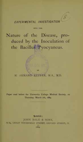 Cover for Experimental investigation into the disease, produced by the inoculation of the bacillus pyocyaneus