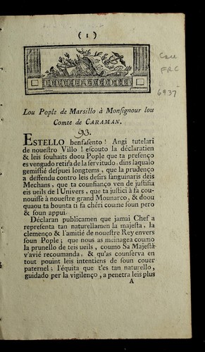 Cover for Lou pople de Marsillo a   Monsignour lou Comte de Caraman