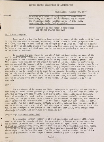 Cover for Facts relating to the world's food needs and United States programs