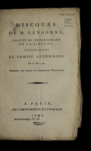 Cover for Discours de M. Gensonne , de pute  du de partement de la Gironde, concernant le Comite  autrichien, du 23 mai 1792
