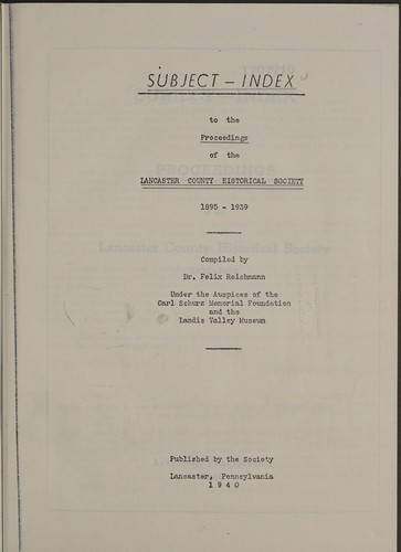 Cover for Subject index to the proceedings of the Lancaster County Historical Society