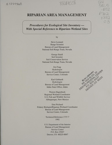 Cover for Procedures for ecological site inventory with special reference to riparian-wetland sites