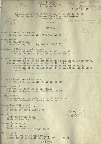 Cover for Supplement to list of references to legislation in the United States on minimum train crews and maximum length of trains.