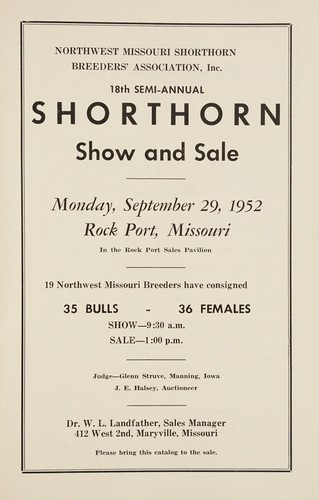 Cover for Northwest Missouri Shorthorn Breeders' Association, Inc., 18th semi-annual shorthorn show and sale
