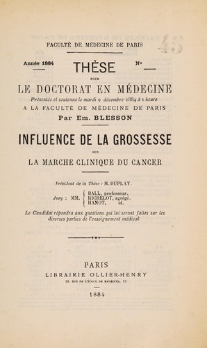Cover for Influence de la grossesse sur la marche clinique du cancer ...