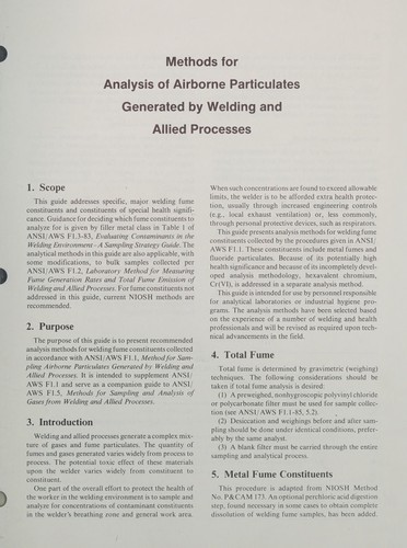 Cover for Methods for Analysis of Airborne Particulates Generated by Welding and Allied Processes (F1.4-87)