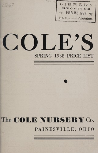 Cover for Cole's spring 1938 price list