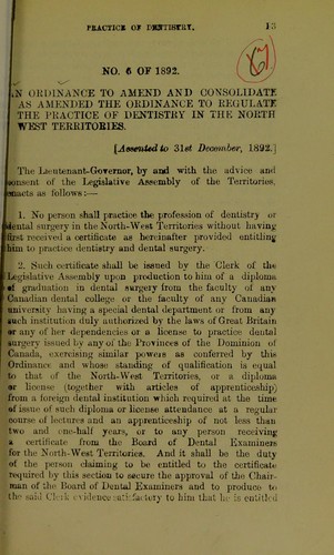 Cover for An Ordinance to amend and consolidate as amended the Ordinance to regulate the practice of dentistry in the North West Territories