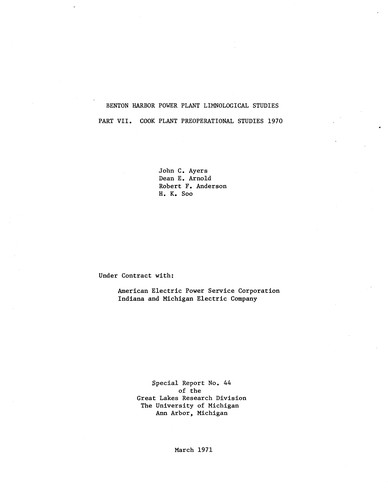 Cover for Cook Plant preoperational studies 1970
