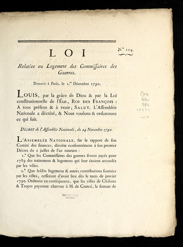 Cover for Loi relative au logement des commissaires des guerres