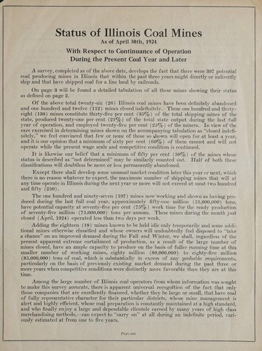 Cover for Status of Illinois coal mines as of April 30th, 1924 with respect to continuance of operation during the present coal year and later