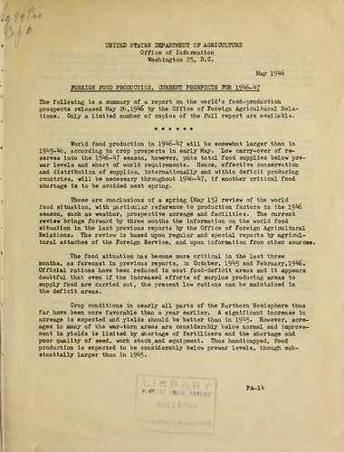 Cover for Foreign food production, current prospects for 1946-47