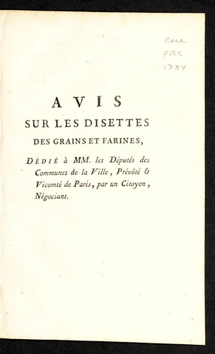Cover for Avis sur les disettes des grains et farines