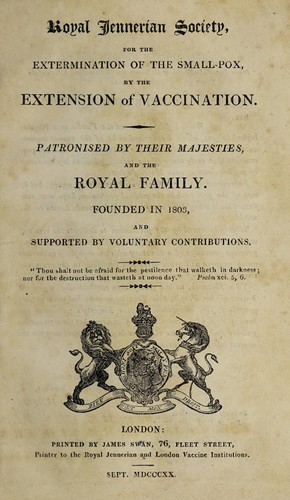 Cover for Royal Jennerian Society for the extermination of the small-pox, by the extension of vaccination. [Report, with regulations, lists of officers and subscribers, etc.].