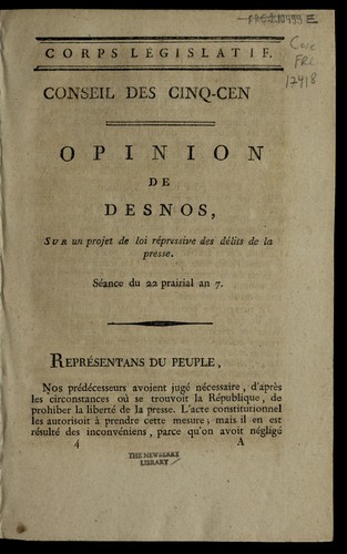 Cover for Opinion de Desnos, sur un projet de loi re pressive des de lits de la presse