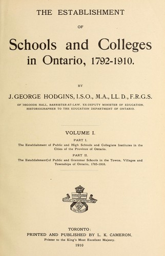 Cover for The establishment of schools and colleges in Ontario, 1792-1910