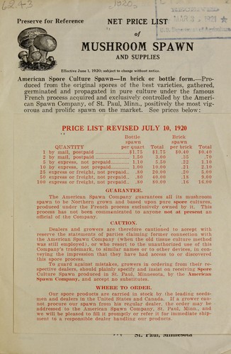 Cover for Net price list of mushroom spawn and supplies