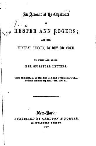 Cover for account of the experience of Hester Ann Rogers, and her funeral sermon, by Rev. Dr. Coke