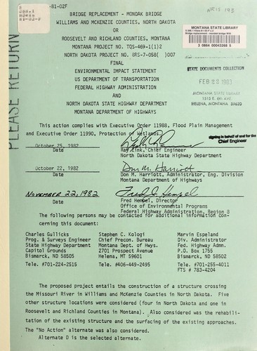 Cover for Bridge replacement - mondak bridge Williams and McKenzie Counties, North Dakota, or Roosevelt and Richland Counties, Montana