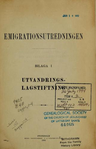 Cover for Utvandringslagstiftning, öfversikt af dess utveckling och nuvarande beskaffenhet i Europas olika stater, af Nils Wohlin