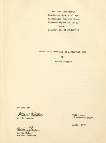 Cover for Notes on diffraction by a circular disk.