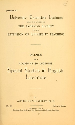 Cover for Syllabus of a course of six lectures, special studies in English literature